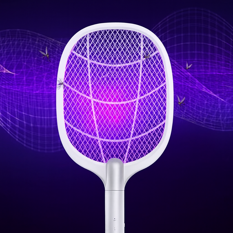 Raquete Elétrica Mata Insetos Recarregável com Base e Luz LE