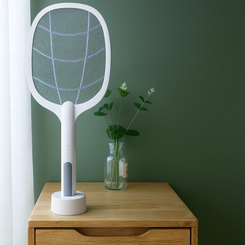 Raquete Elétrica Mata Insetos Recarregável com Base e Luz LE