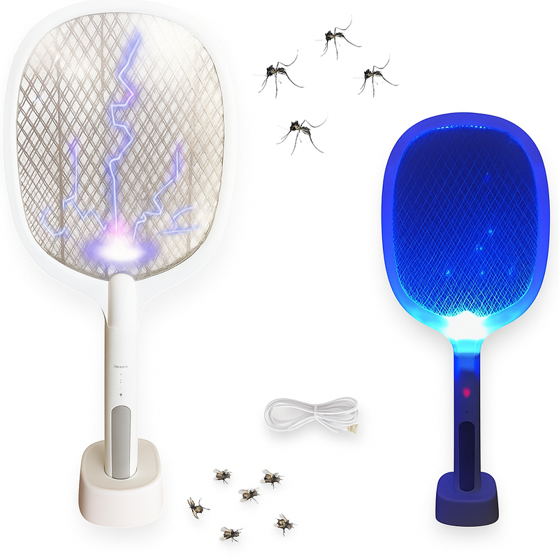 Raquete Elétrica Mata Insetos Recarregável com Base e Luz LE