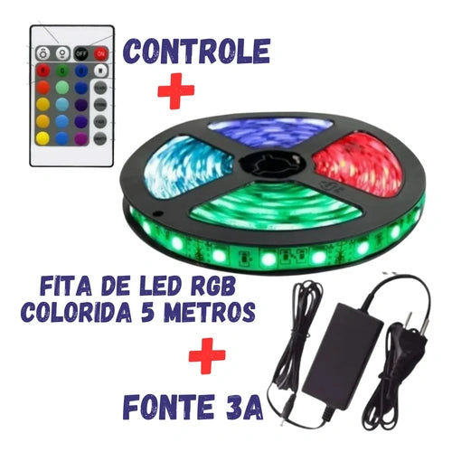 Fita de LED RGB 5 Metros com Controle Remoto