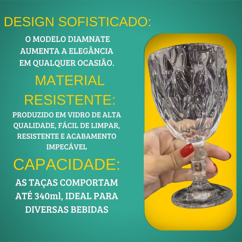 Jogo de 6/12 Taças de Vidro Luxo Diamond Premium 340ML Transparente Vinho Suco